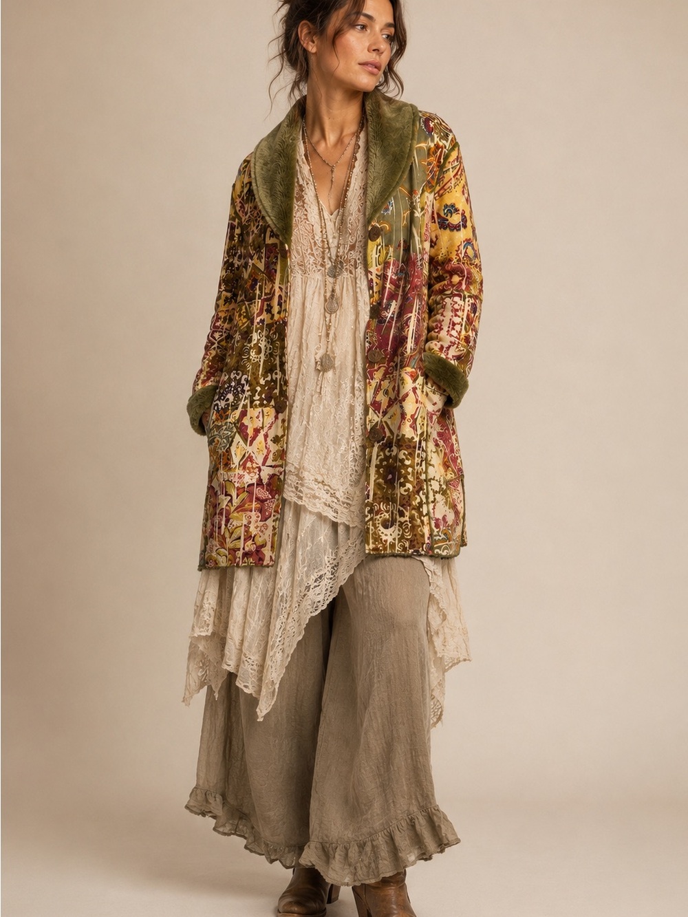 Chico’s Mosaic Bohemian Velvet Patchwork Coat with Olive Faux Fur Trim Sz. 2